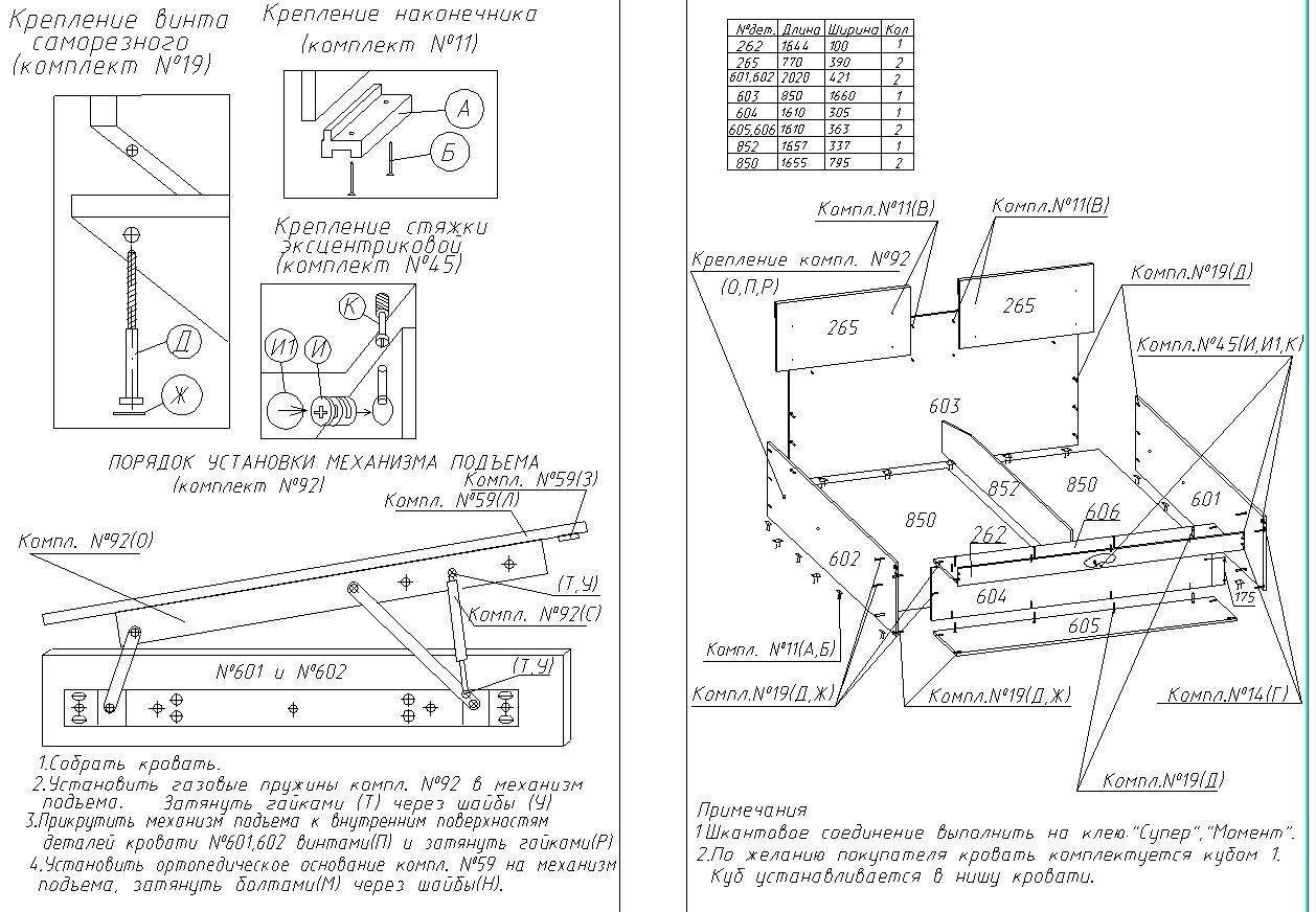 Схема сборки кровати Амели с подъемным механизмом